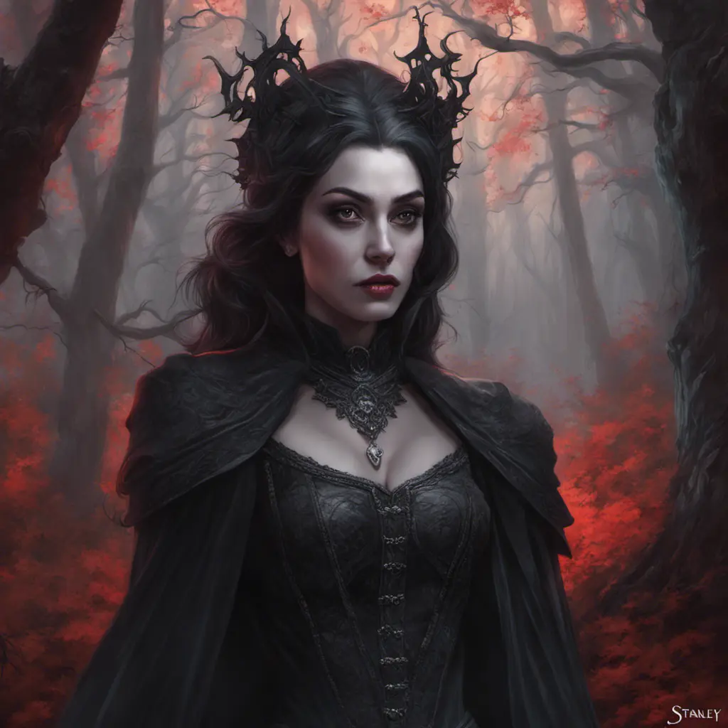 Female dracula in a haunted forest, Highly Detailed, Intricate, Gothic, Volumetric Lighting, Fantasy, Dark by Stanley Artgerm Lau