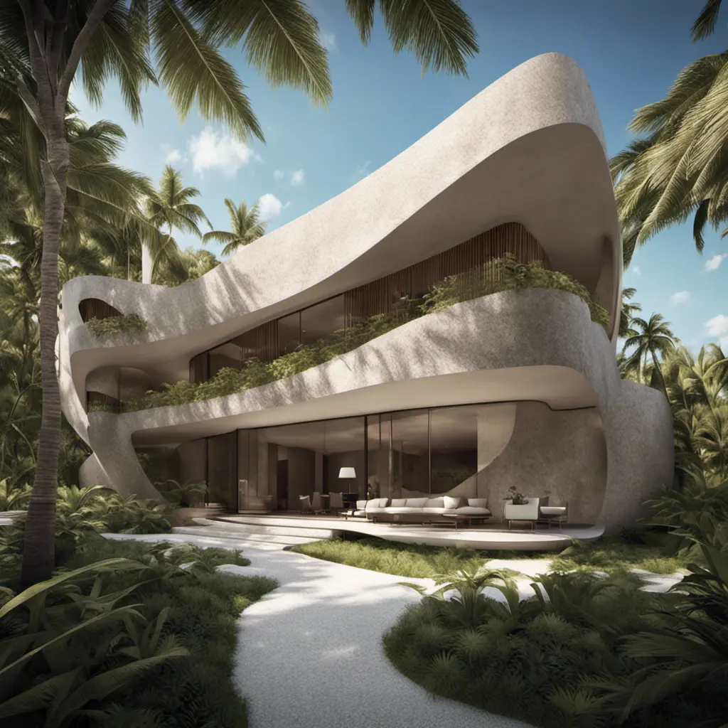 Envision a Zaha Hadid-styled, environmentally-conscious villa nestled within the bustling modern architecture of Tulum, Quintana Roo. As you approach from the entrance, the street view reveals a facade adorned with a vertical bamboo lattice, gracefully contrasting with the stone finish. Large overhangs hint at the interior's coolness, and the surrounding trees whisper tales of nature's embrace, Award-Winning, Intricate Details