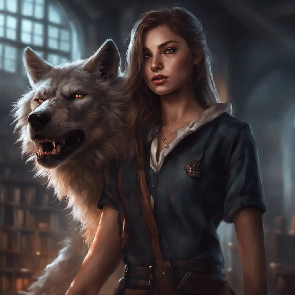 Beautiful girl in werewolf academy, 8k, Stunning, Digital Painting, Cinematic Lighting, Sharp Focus, Fantasy, Hyper Realistic