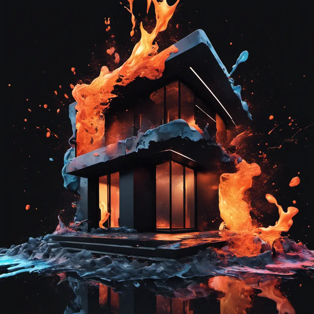 A modern home designed by Zara Hadid, Black Background, Fire and Ice, Splatter, Black Ink, Liquid Melting, Dreamy, Glowing, Glimmer, Shadows, 8k, Highly Detailed, Smooth, Vibrant Colors, Ominous