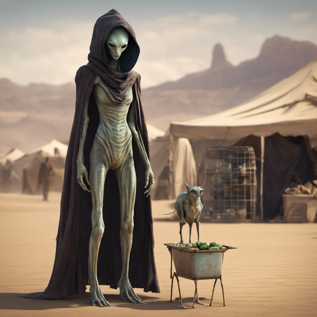 Very slim and tall female alien creature merchant on a desert un the market of a alien planet, suspicious look, hooded, selling caged alien vermin, western shot, Hyper Realistic