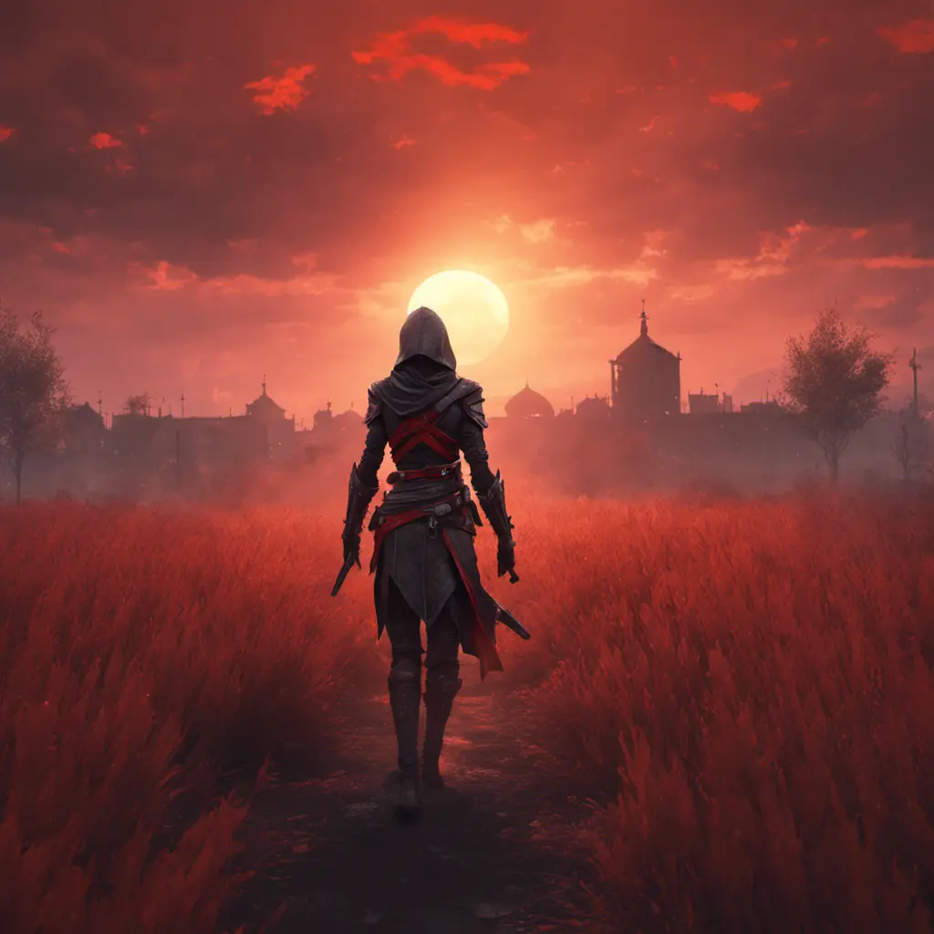 Female assassin creed emerging from a batte field. Sky is colored by a red sun set., 8k, Dystopian, Trending on Artstation, Volumetric Lighting