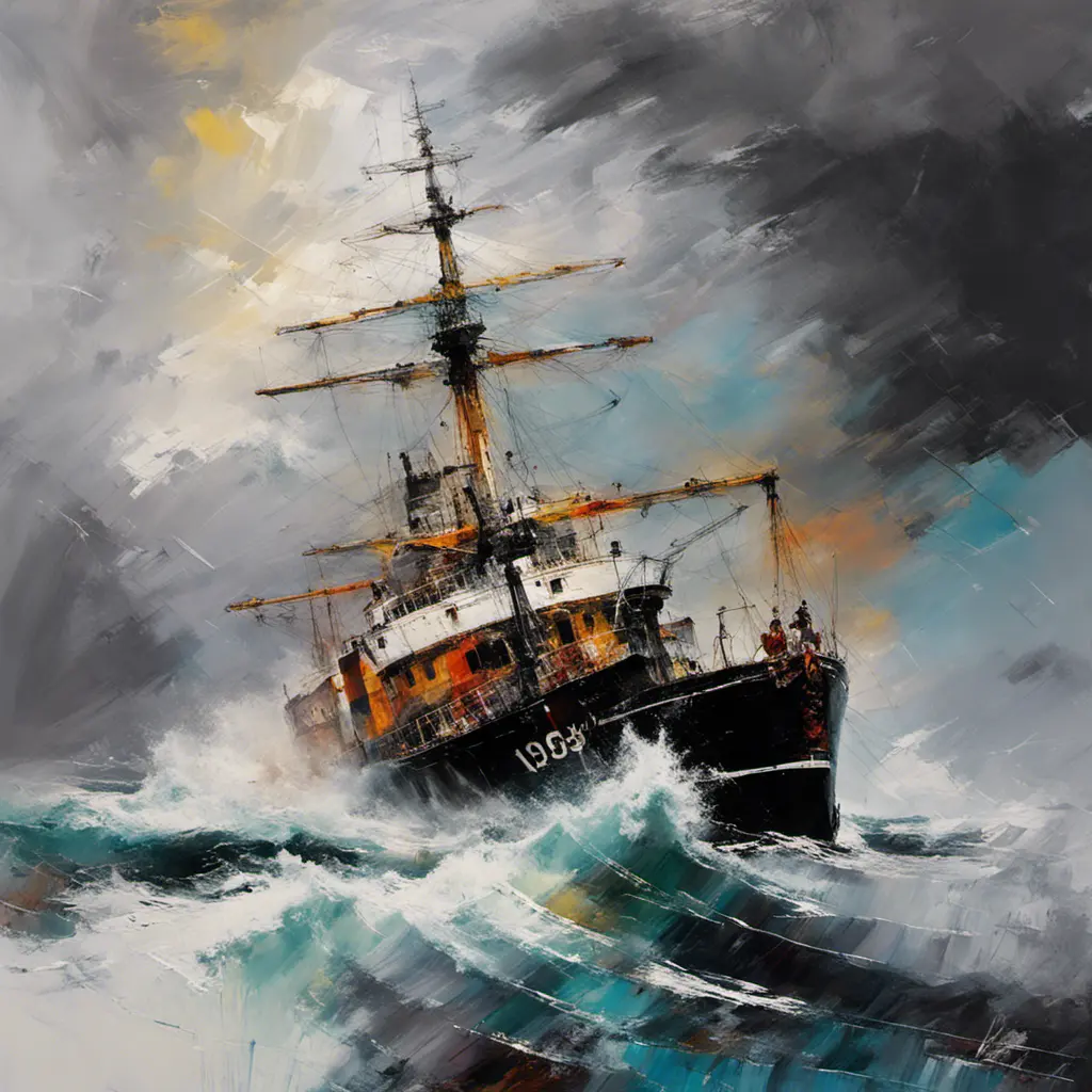 Seascape, ship on the high seas, storm, high waves, colored ink , Stunning, Stormy Day, Volumetric light effect, Grayscale, Vibrant Colors by Michael Garmash, Loui Jover