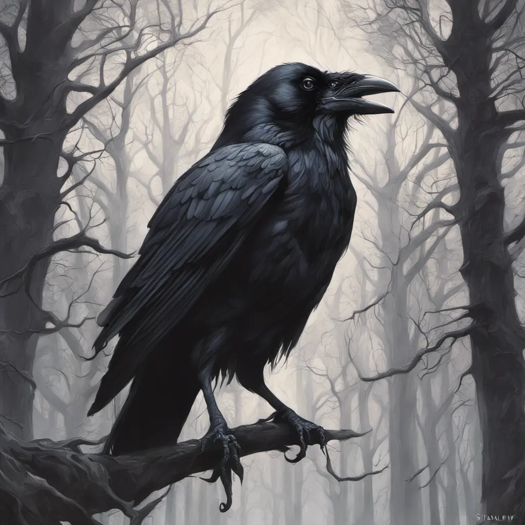 Raven in a haunted forest, Highly Detailed, Intricate, Gothic, Volumetric Lighting, Fantasy, Dark by Stanley Artgerm Lau