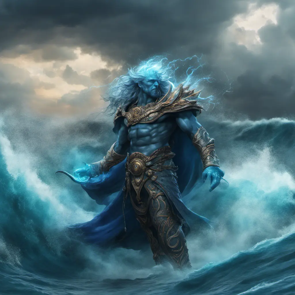 A celestial Blue-skinned God of the Seas, Storms, and Exploring emanating power of the seas, wearing half-leather, shrouded in storms in the style of digital art, 8k, Fantasy