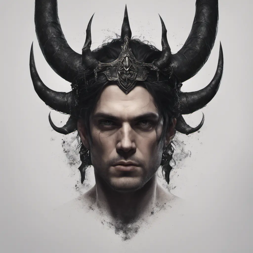 Head of a man with black hair wearing a horned crown, 4k resolution, Ultra Detailed, Closeup of Face, Gothic and Fantasy, Gothic, Horns, Large Eyes, Strong Jaw