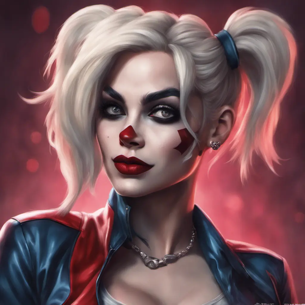 Alluring matte portrait of a beautiful Harley Quinn in the style of Stefan Kostic, 8k, Highly Detailed, Intricate, Half Body, Realistic, Sharp Focus, Volumetric Lighting, Fantasy, Elegant by Stanley Artgerm Lau, Greg Rutkowski