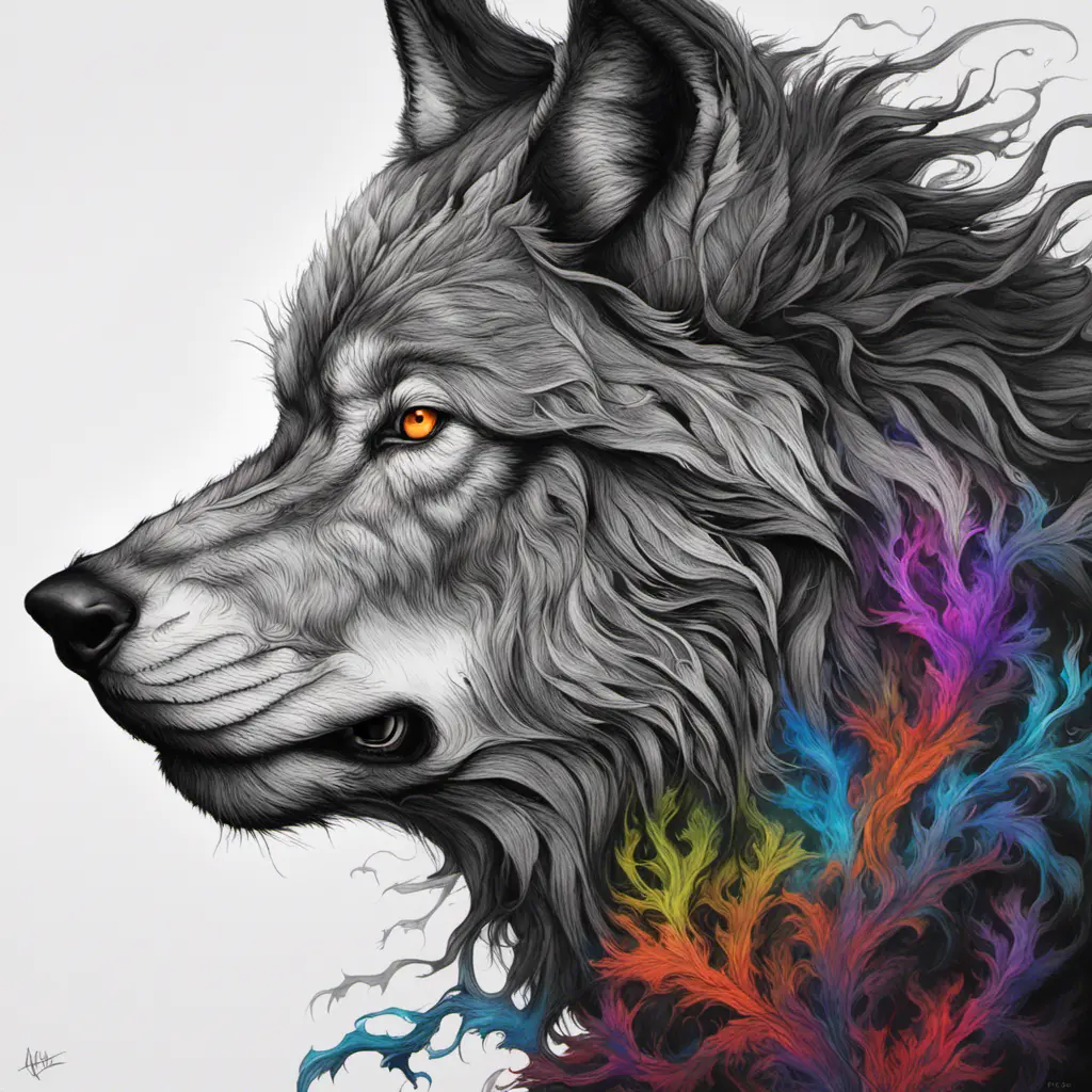 Wolf in the forest, Highly Detailed, Intricate, Gothic, Volumetric Lighting, Color Splash, Vibrant Colors, Ink Art, Fantasy, Dark by Stanley Artgerm Lau