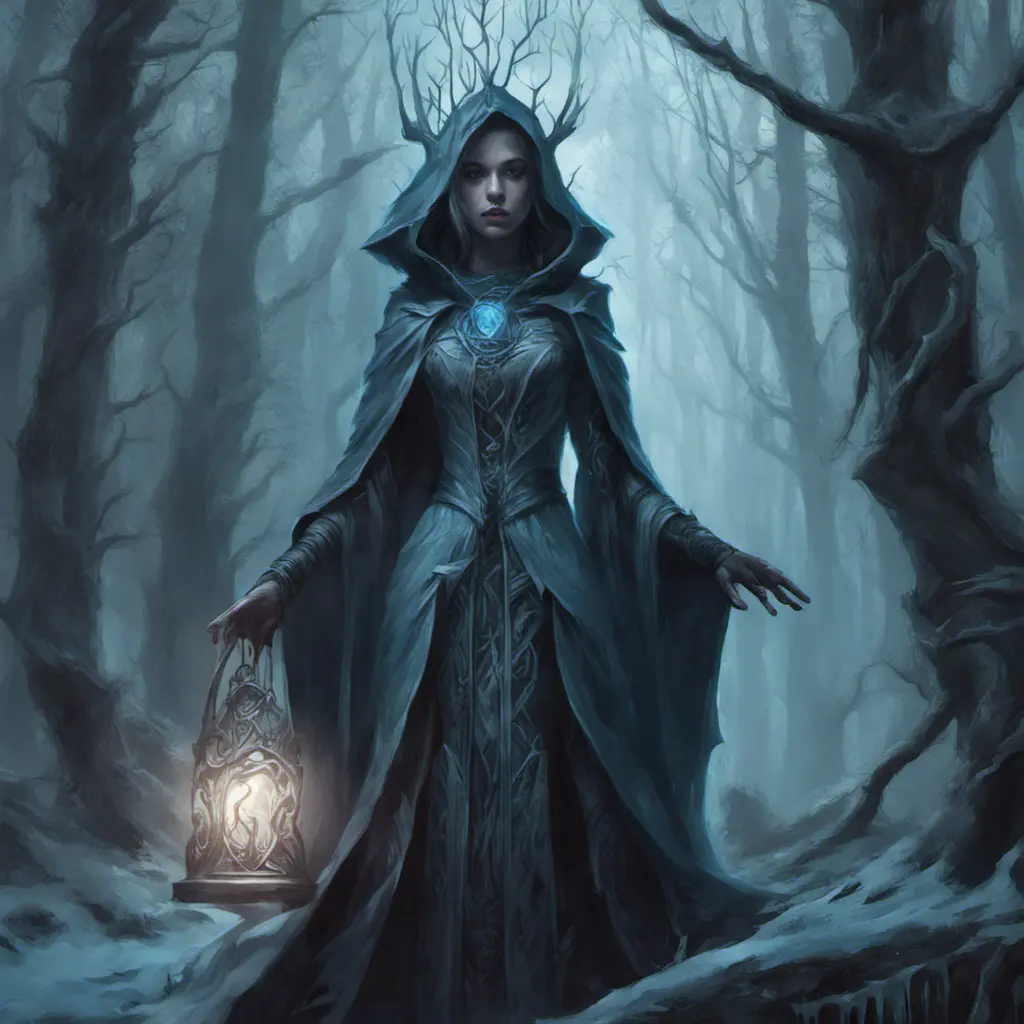 Ice mage in a haunted forest, Highly Detailed, Intricate, Gothic, Volumetric Lighting, Fantasy, Dark by Stanley Artgerm Lau