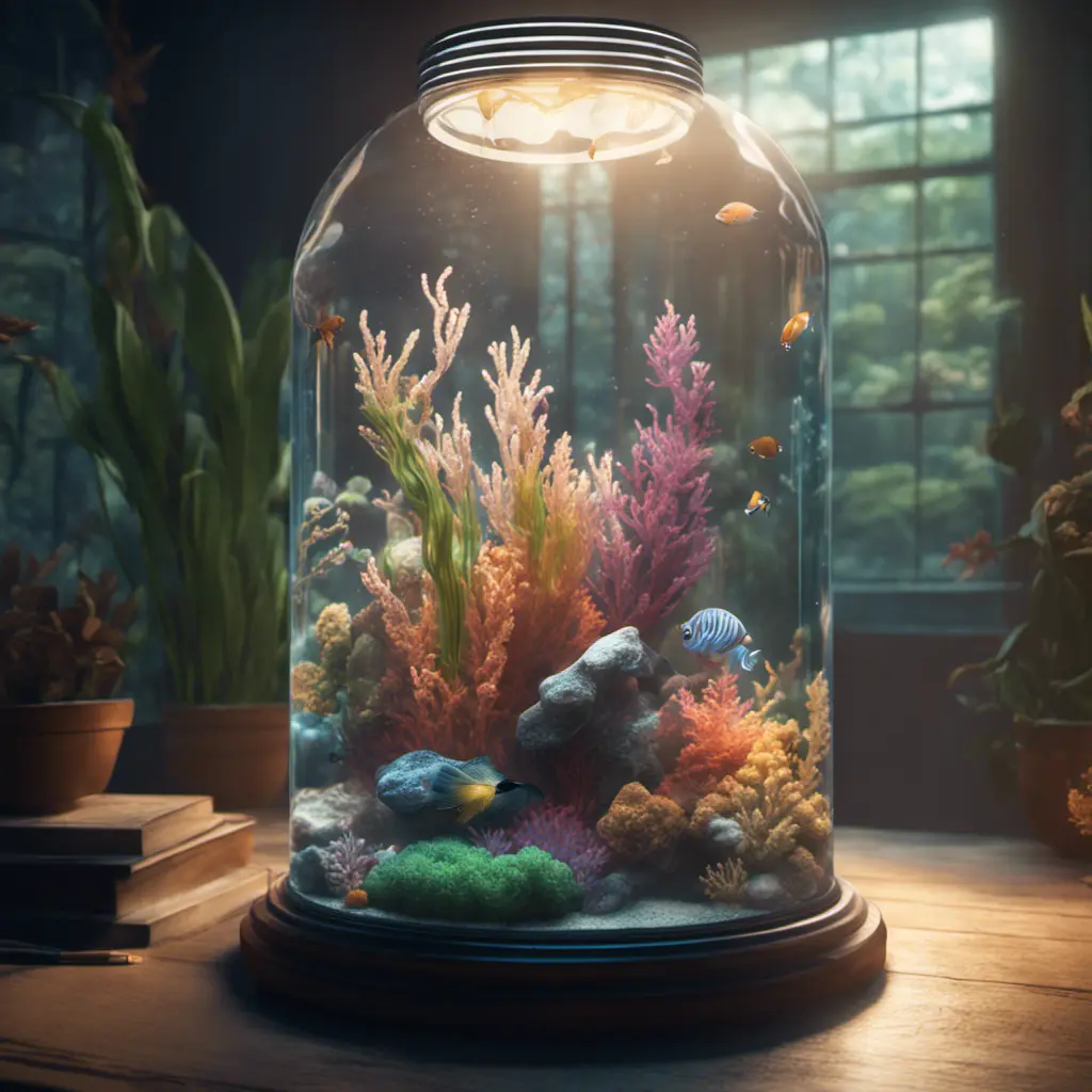 an aquarium with Ariel in a light bulb, perfect composition, 8k, HDR, Intricate Details, Masterpiece, Trending on Artstation, Epic, Cinematic Lighting, 3D Rendering, CryEngine, Unreal Engine, Dynamic Lighting