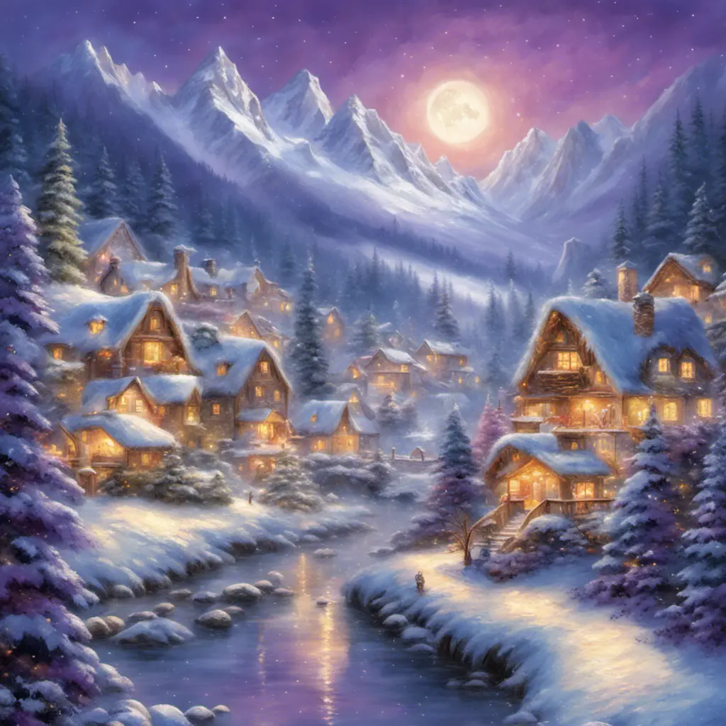 Charming fairy tale village, snow-covered decorated Christmas trees, warm inviting cabin, snowflakes, mountains with waterfall, soft light far-away full moon, glitter, stars, stardust, electric blue and purple sky, Digital Painting, Sharp Focus, Vibrant Colors, Hyper Realistic by Thomas Kinkade