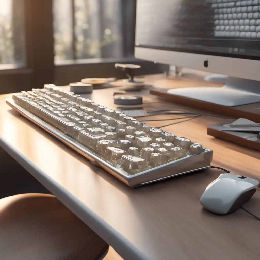 A translucent keyboard, designed by Charles Eames. mid-century modern design inspiration. Beautiful natural lighting, on desk., 8k, Intricate Details, Trending on Artstation, Sci-Fi, Unreal Engine, Volumetric Lighting