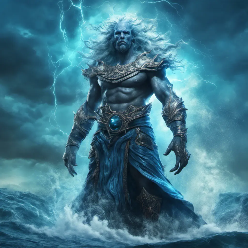 A celestial Blue-skinned God of the Seas, Storms, and Exploring emanating power of the seas, wearing half-leather, shrouded in storms in the style of digital art, 8k, Fantasy