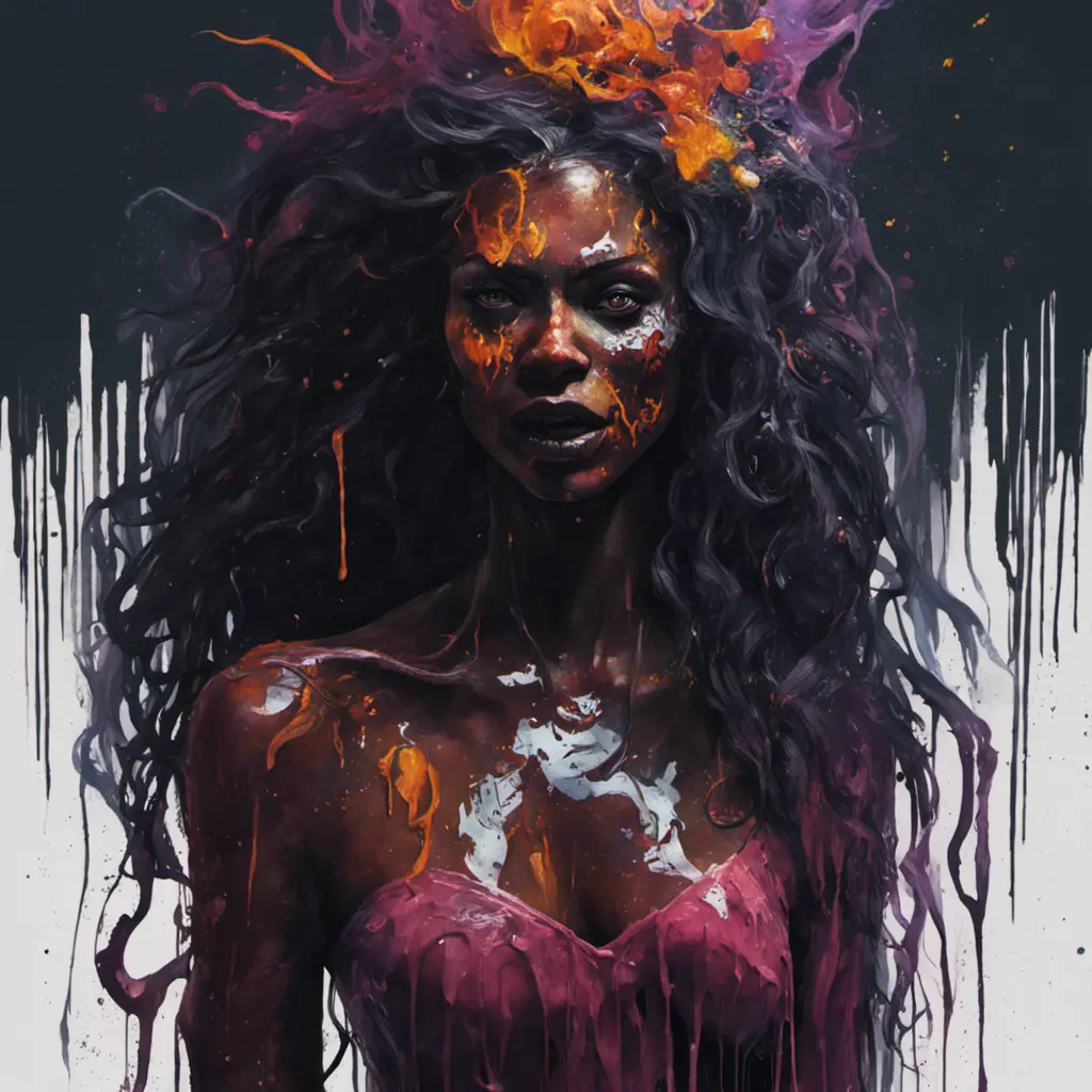 splash art, a quirky liquid portrait of a hauntingly beautiful dark werewolf woman, splash style of paint, Pixar style, Halloween colors, fantastical, splashy, 4k resolution, 8k, Hyper Detailed, Intricate Details, Masterpiece, Oil on Canvas, Concept Art, Digital Art, Dark