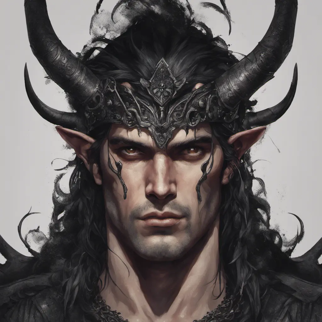 Head of a man with black hair wearing a horned crown, 4k resolution, Ultra Detailed, Closeup of Face, Gothic and Fantasy, Gothic, Horns, Large Eyes, Strong Jaw