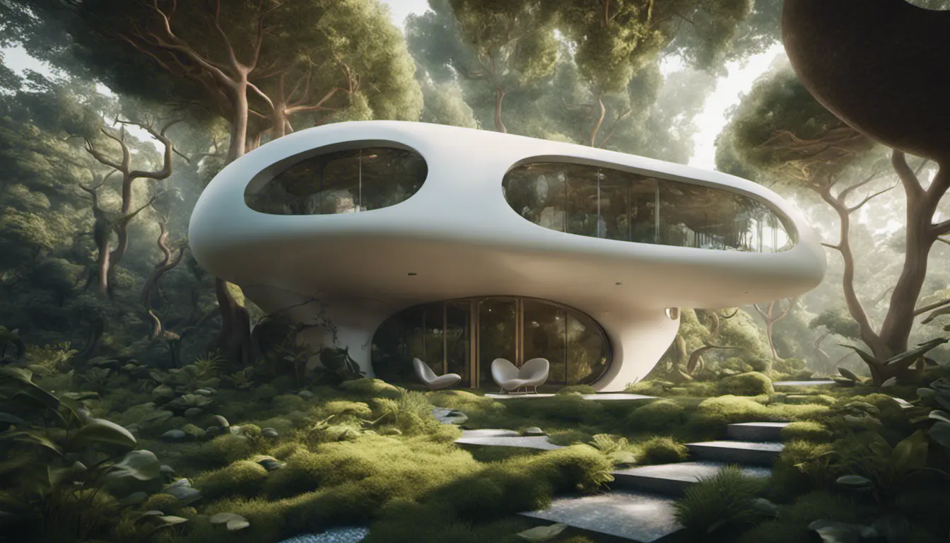 Beautiful futuristic organic house made from imaginary plants in a forest, 8k, Award-Winning, Highly Detailed, Beautiful, Epic, Octane Render, Unreal Engine, Radiant, Volumetric Lighting by Greg Rutkowski