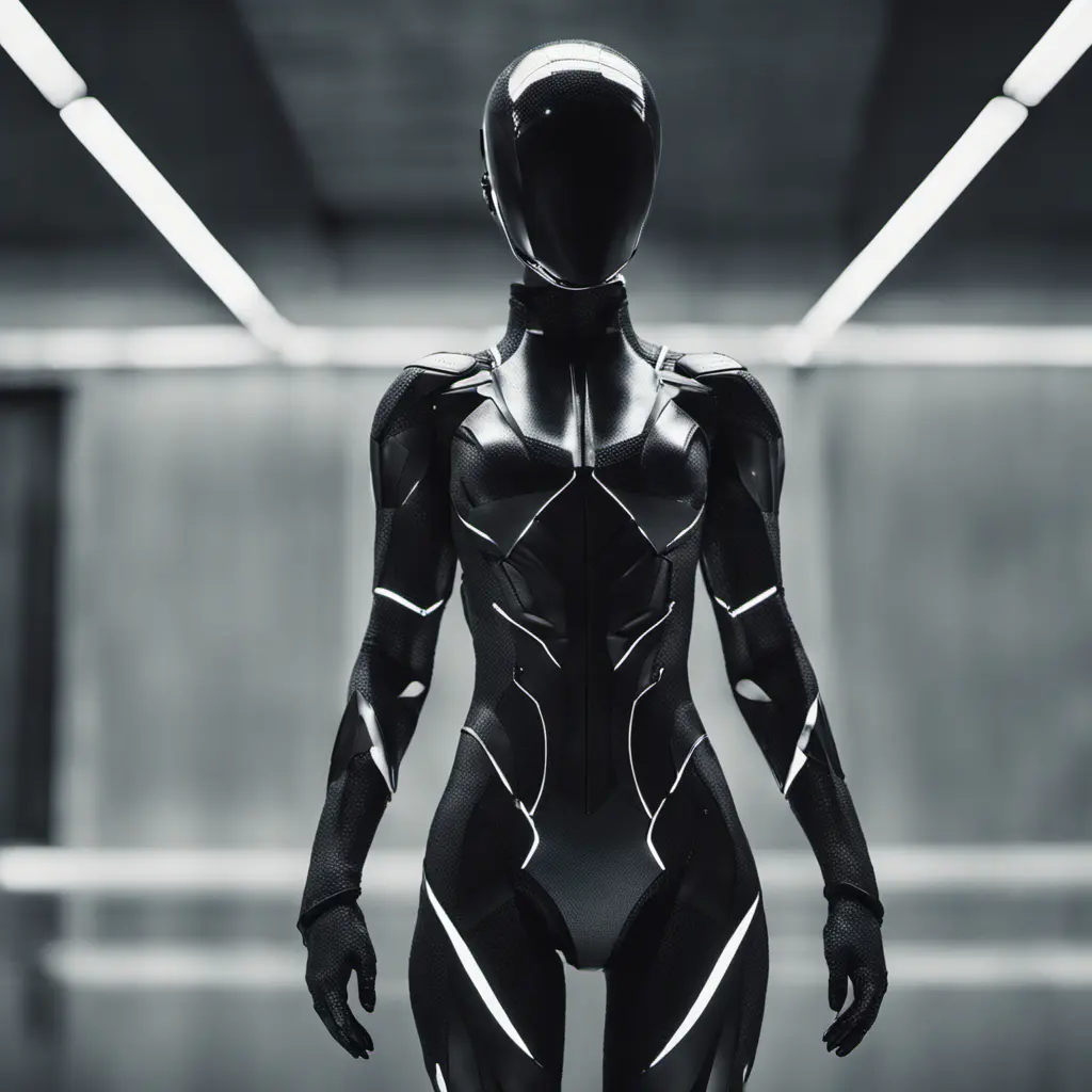 An ultrarealistic photograph of a minimalist futuristic full body power suit, without lights, made of black mate metal and polymer, full crystal hull, for a fit imposing woman, 8k, Dystopian, Modern, Minimalism, Elegant, Dark