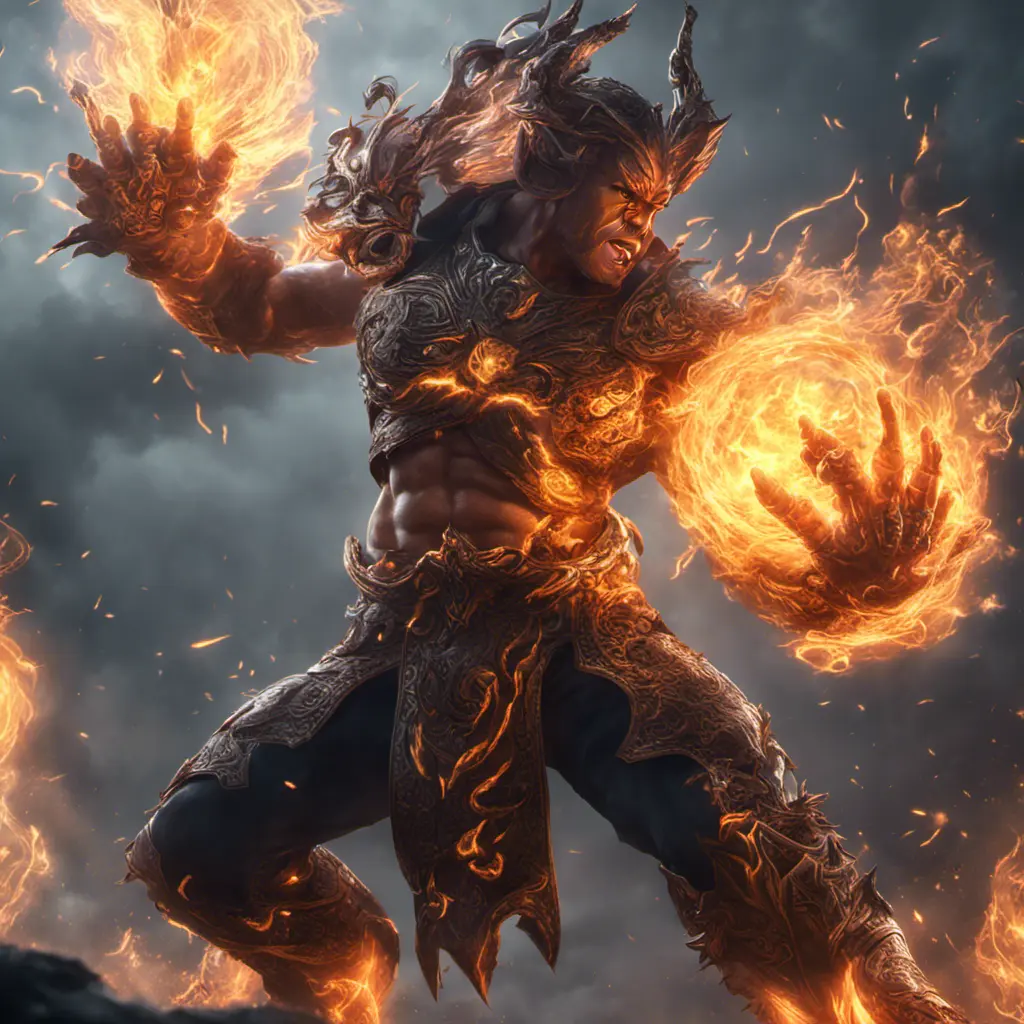 "legendary fire god" fighting "legendary lightening god", combat scene action, 8k, Intricate Details, Trending on Artstation, Sci-Fi, Unreal Engine, Volumetric Lighting