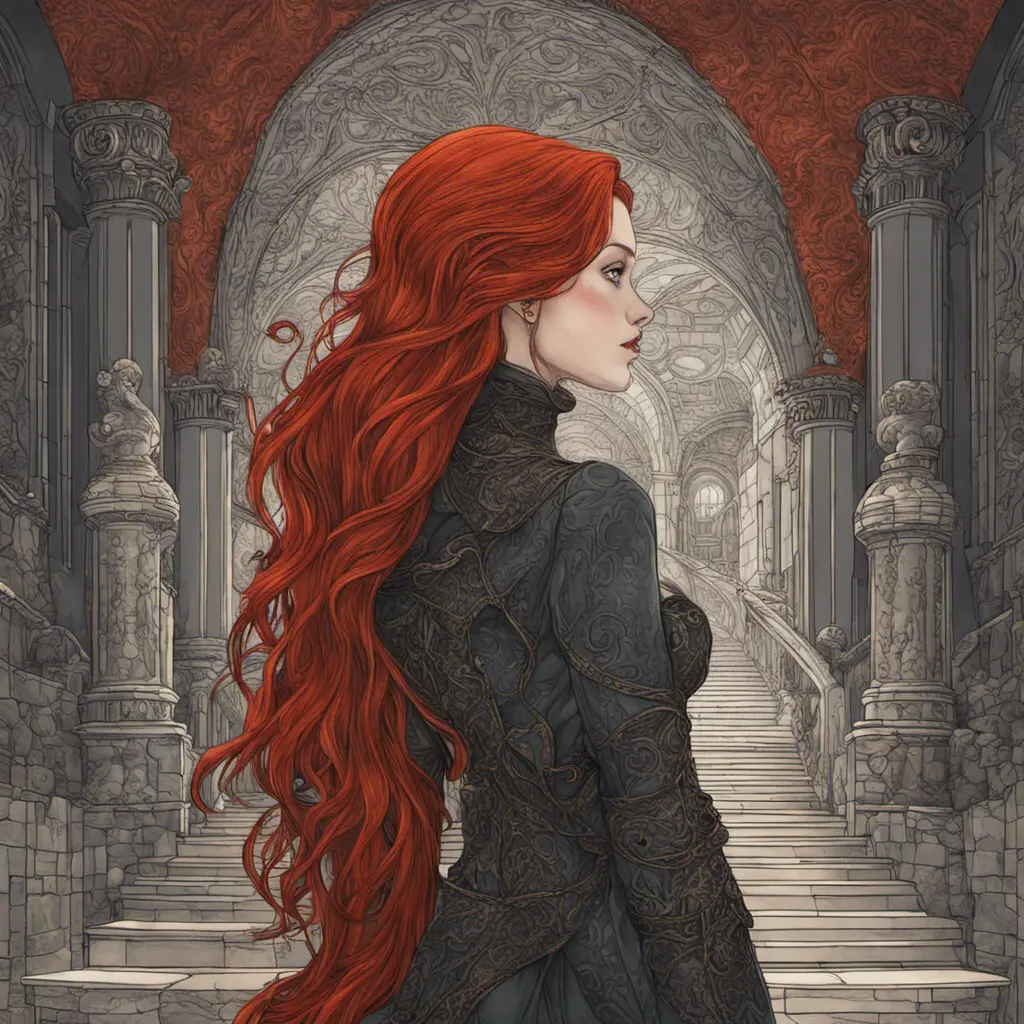 Woman with draconian traits and red hair in a haunted castle, Intricate Details, Fantasy