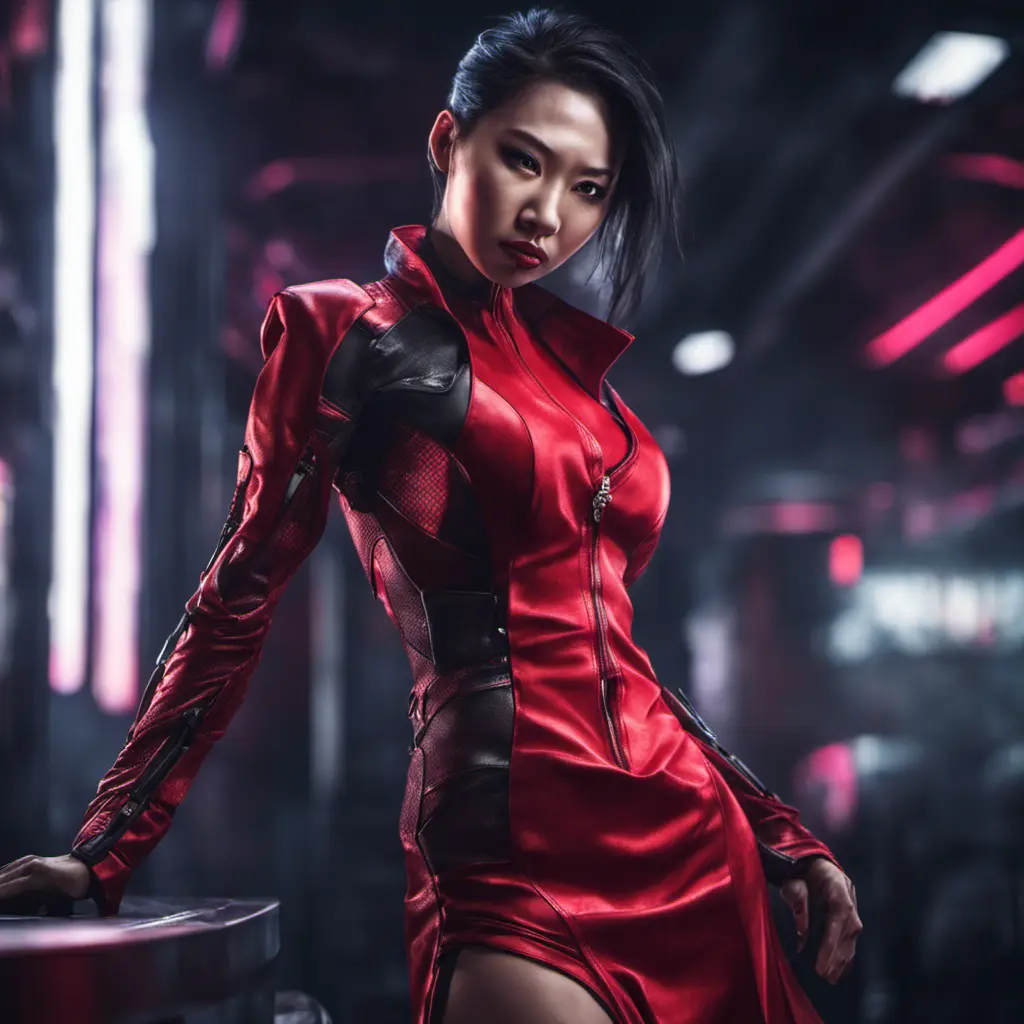 A fierce armed asian assassin in silk red dress at a high tech nightclub, Cyberpunk, Sci-Fi, Photo Realistic