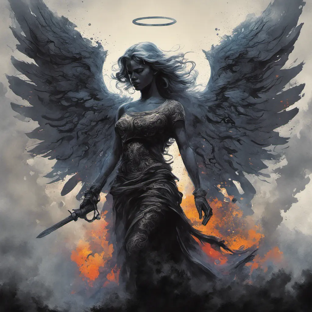 Silhouette of an Angel emerging from the fog of war, ink splash, Highly Detailed, Vibrant Colors, Ink Art, Fantasy, Dark by Stanley Artgerm Lau