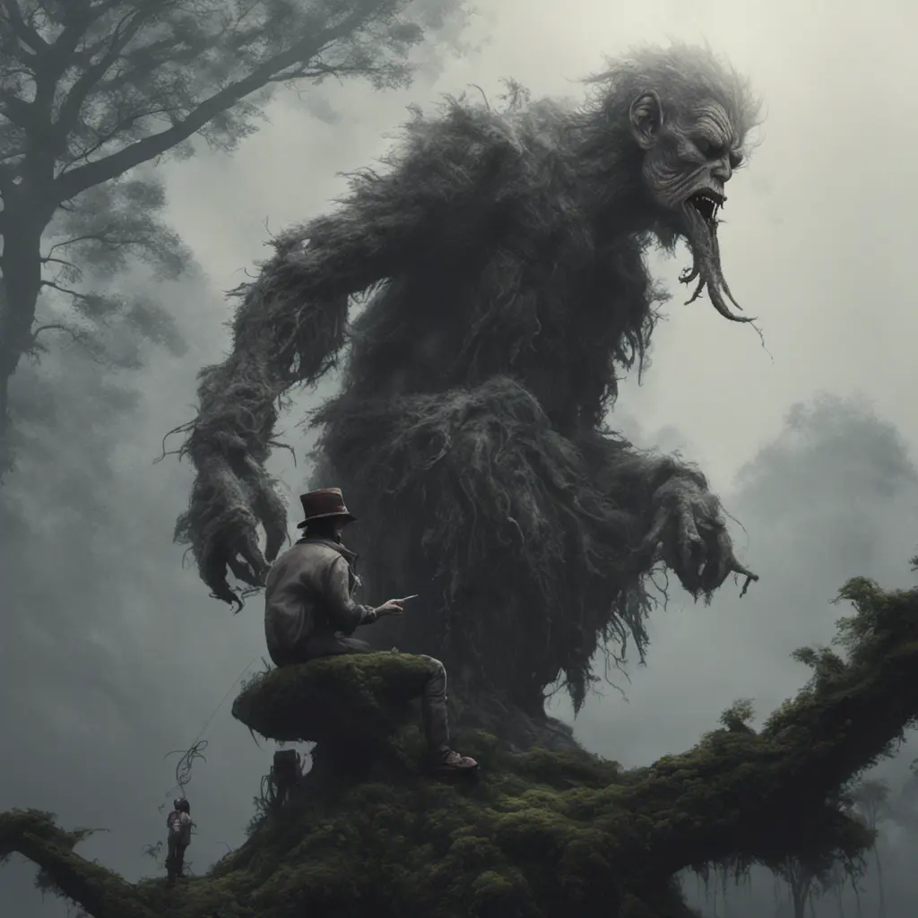 Kapre philippines scary hairy humanoid monster smoking a tobacco on the tree top, forest, foggy weather, otherworldy, Intricate, Artstation, Gothic and Fantasy, Cinematic Lighting, Octane Render, Concept Art