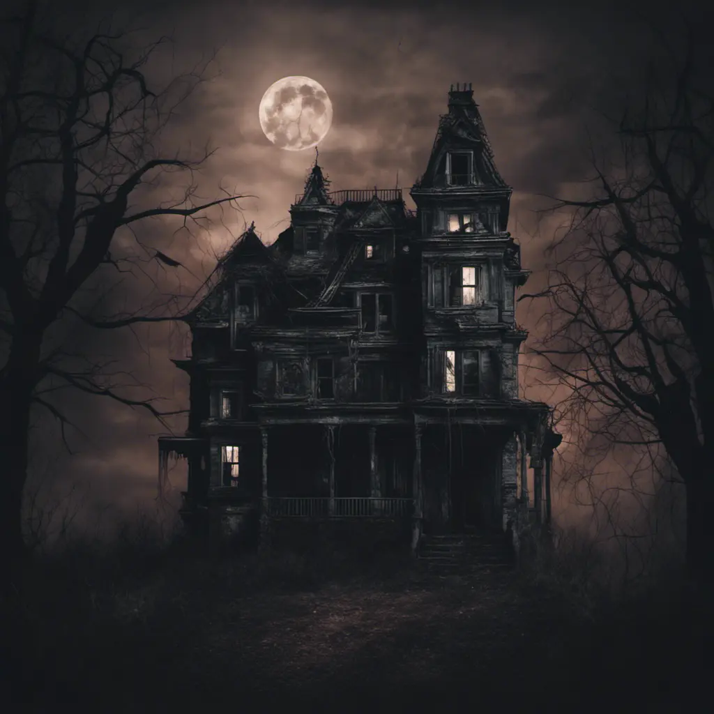 Haunted house with a terrifying atmosphere on a dark night, Dystopian, Dark