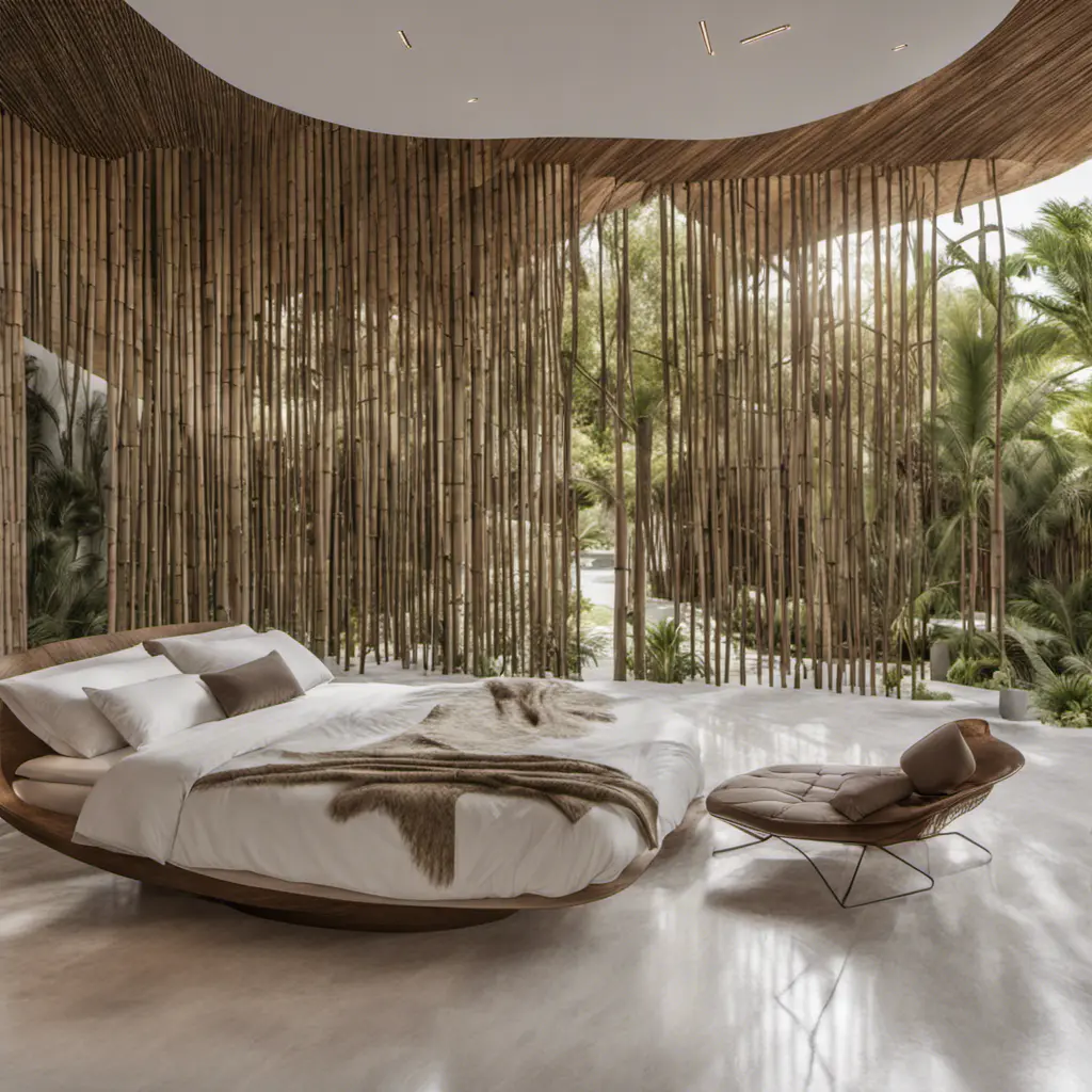 Envision a Zaha Hadid-styled, environmentally-conscious villa nestled within the bustling modern architecture of Tulum, Quintana Roo. As you approach from the entrance, the street view reveals a facade adorned with a vertical bamboo lattice, gracefully contrasting with the stone finish. Large overhangs hint at the interior's coolness, and the surrounding trees whisper tales of nature's embrace, Award-Winning, Intricate Details