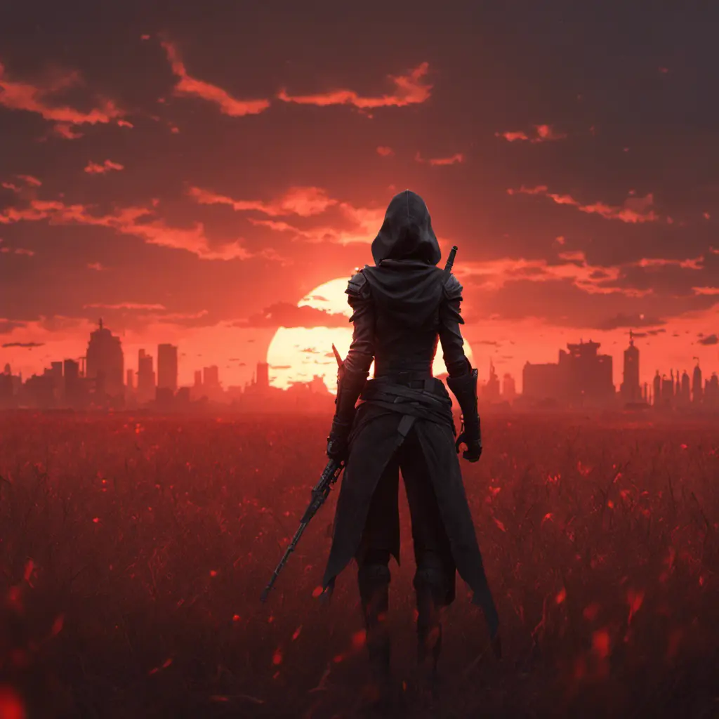 Back view of a female assassin on a batte field. The sky is colored by a red sun set., 8k, Dystopian, Trending on Artstation, Volumetric Lighting