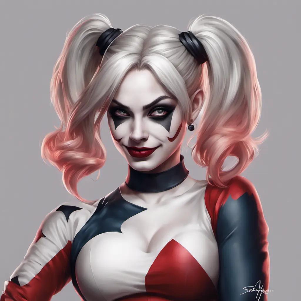 Alluring matte portrait of a beautiful Harley Quinn in the style of Stefan Kostic, 8k, Highly Detailed, Intricate, Half Body, Realistic, Sharp Focus, Volumetric Lighting, Fantasy, Elegant by Stanley Artgerm Lau, Greg Rutkowski