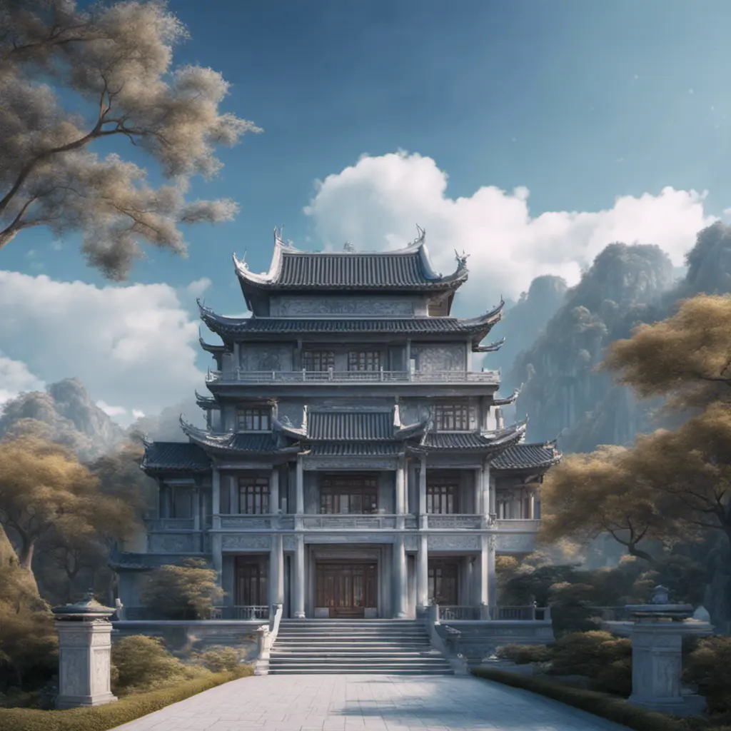 A gorgeous Chinese - style high - rise villa stands in the valley, luxurious majestic silver - grey blue antique palace, 8k, HD, High Definition, Soft Lighting