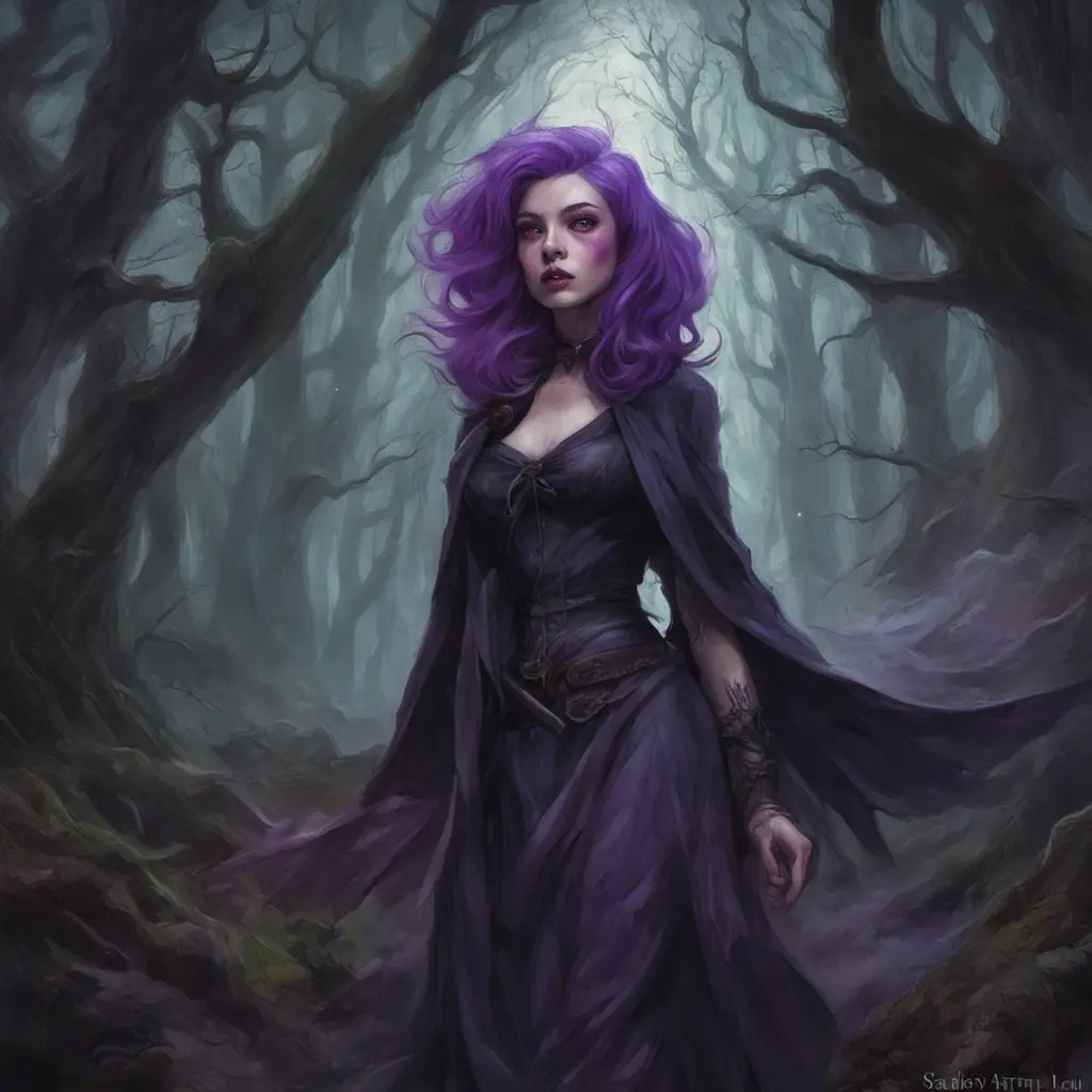 Purple haired witch in a haunted forest, Highly Detailed, Intricate, Gothic, Volumetric Lighting, Fantasy, Dark by Stanley Artgerm Lau