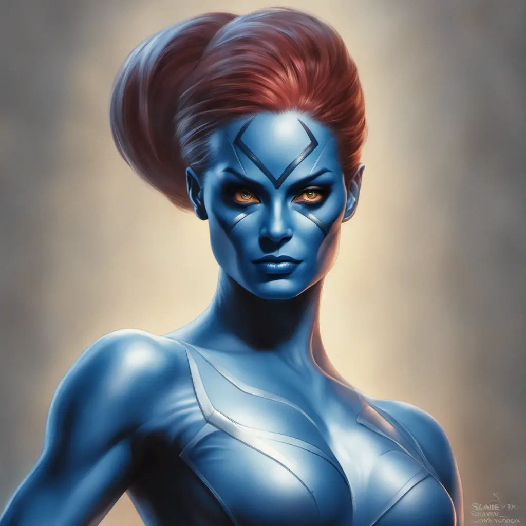 Alluring matte portrait of a beautiful Mystique from Xmen in the style of Stefan Kostic, 8k, Highly Detailed, Intricate, Half Body, Realistic, Sharp Focus, Volumetric Lighting, Fantasy, Elegant by Stanley Artgerm Lau, Greg Rutkowski