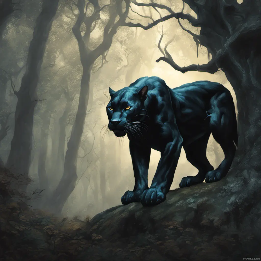 Panther in a haunted forest, Highly Detailed, Intricate, Gothic, Volumetric Lighting, Fantasy, Dark by Stanley Artgerm Lau