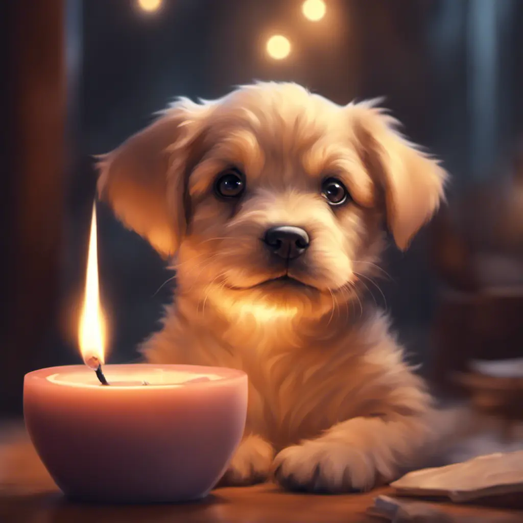 Epic shot of ultra cute puppy in a warm cozy evening candle lit atmosphere, Digital Painting, Photo Realistic, Sharp Focus