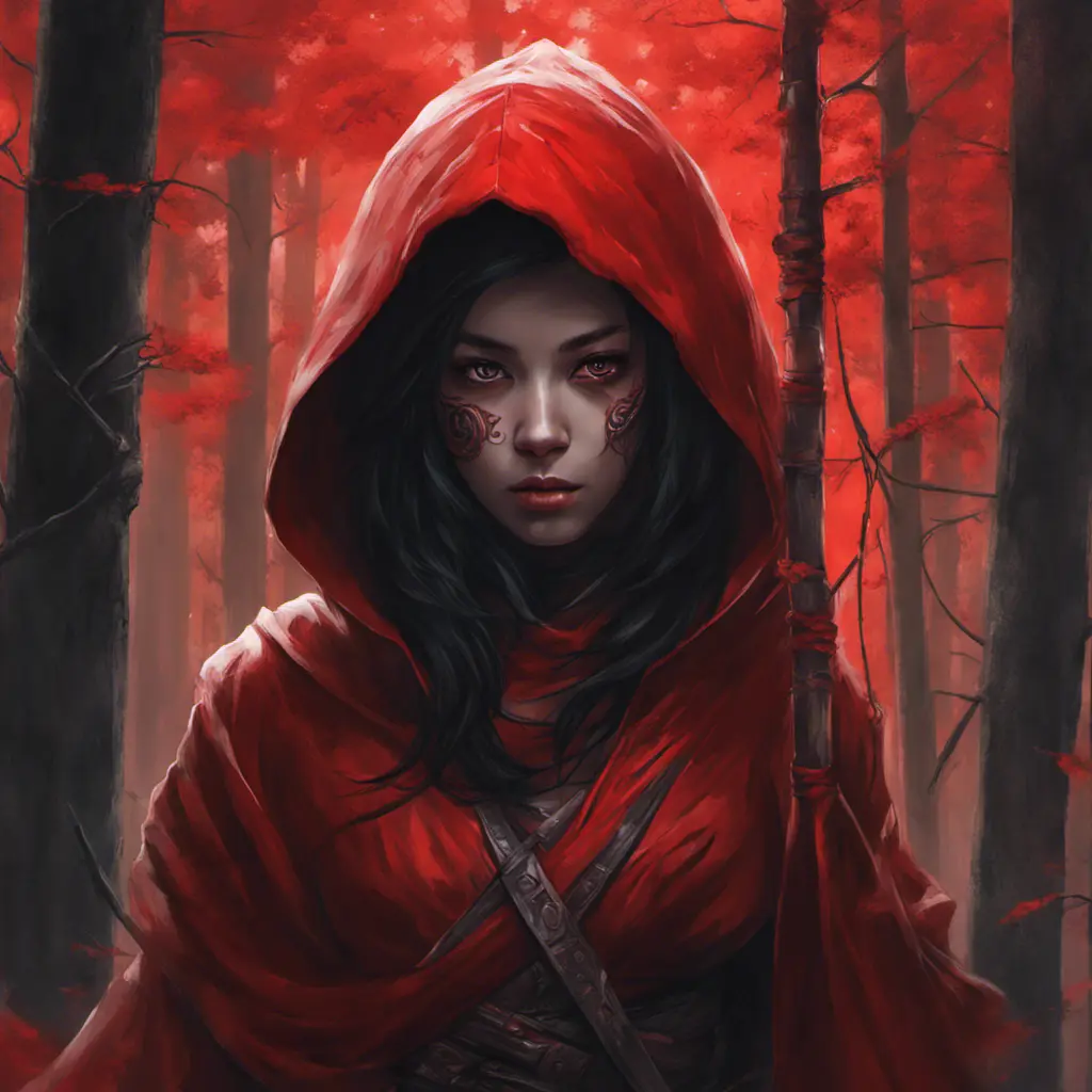 Red hooded female ninja in a haunted forest, Highly Detailed, Intricate, Gothic, Volumetric Lighting, Fantasy, Dark by Stanley Artgerm Lau