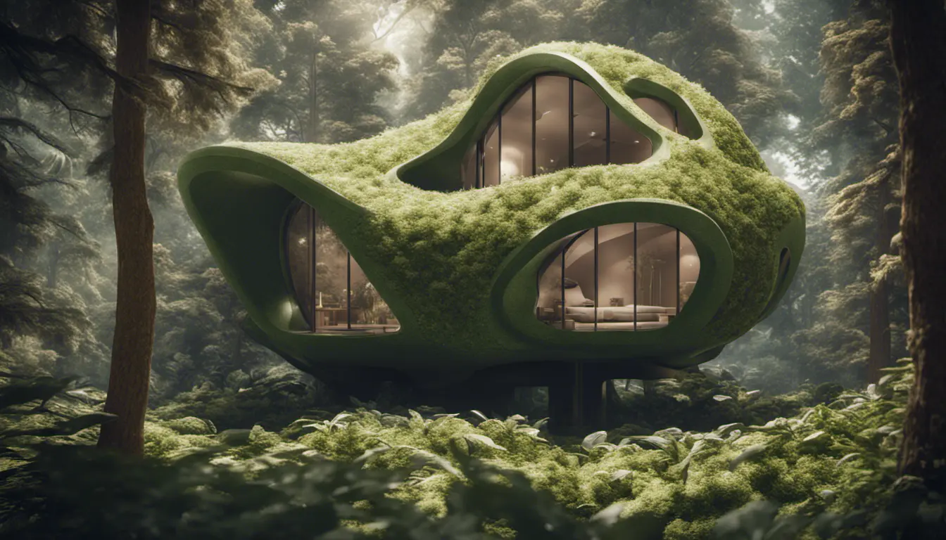 Beautiful futuristic organic house made from imaginary plants in a forest, 8k, Award-Winning, Highly Detailed, Beautiful, Epic, Octane Render, Unreal Engine, Radiant, Volumetric Lighting by Greg Rutkowski