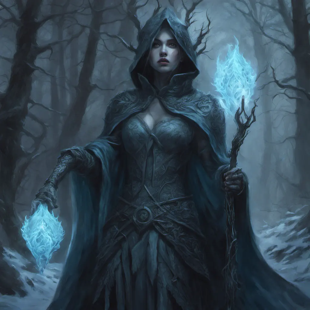 Ice mage in a haunted forest, Highly Detailed, Intricate, Gothic, Volumetric Lighting, Fantasy, Dark by Stanley Artgerm Lau