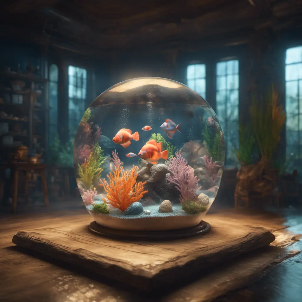 an aquarium with Ariel in a light bulb, perfect composition, 8k, HDR, Intricate Details, Masterpiece, Trending on Artstation, Epic, Cinematic Lighting, 3D Rendering, CryEngine, Unreal Engine, Dynamic Lighting