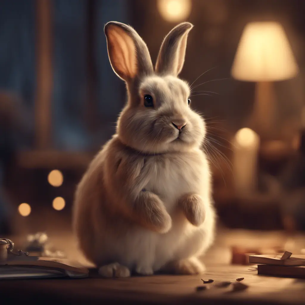 Epic shot of ultra cute rabbit in a wonderful cozy atmosphere, ultra inviting, luminous, evening atmosphere, Digital Painting, Photo Realistic, Sharp Focus