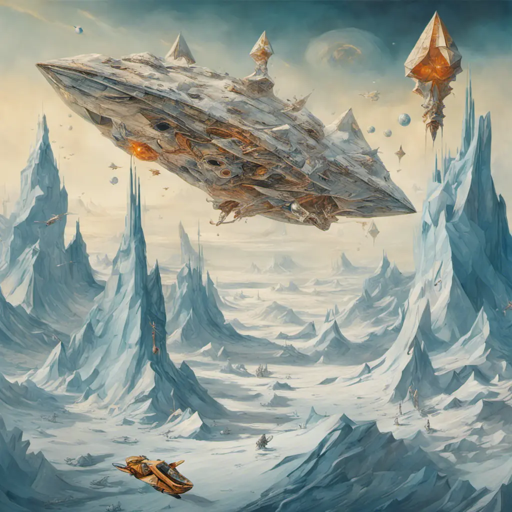 large landscape Photography, a large origami spaceship sailing in space around a frozen planet is attacked by enemy rockets, 80 degree view, 8k, Sci-Fi by Salvador Dali, James Jean