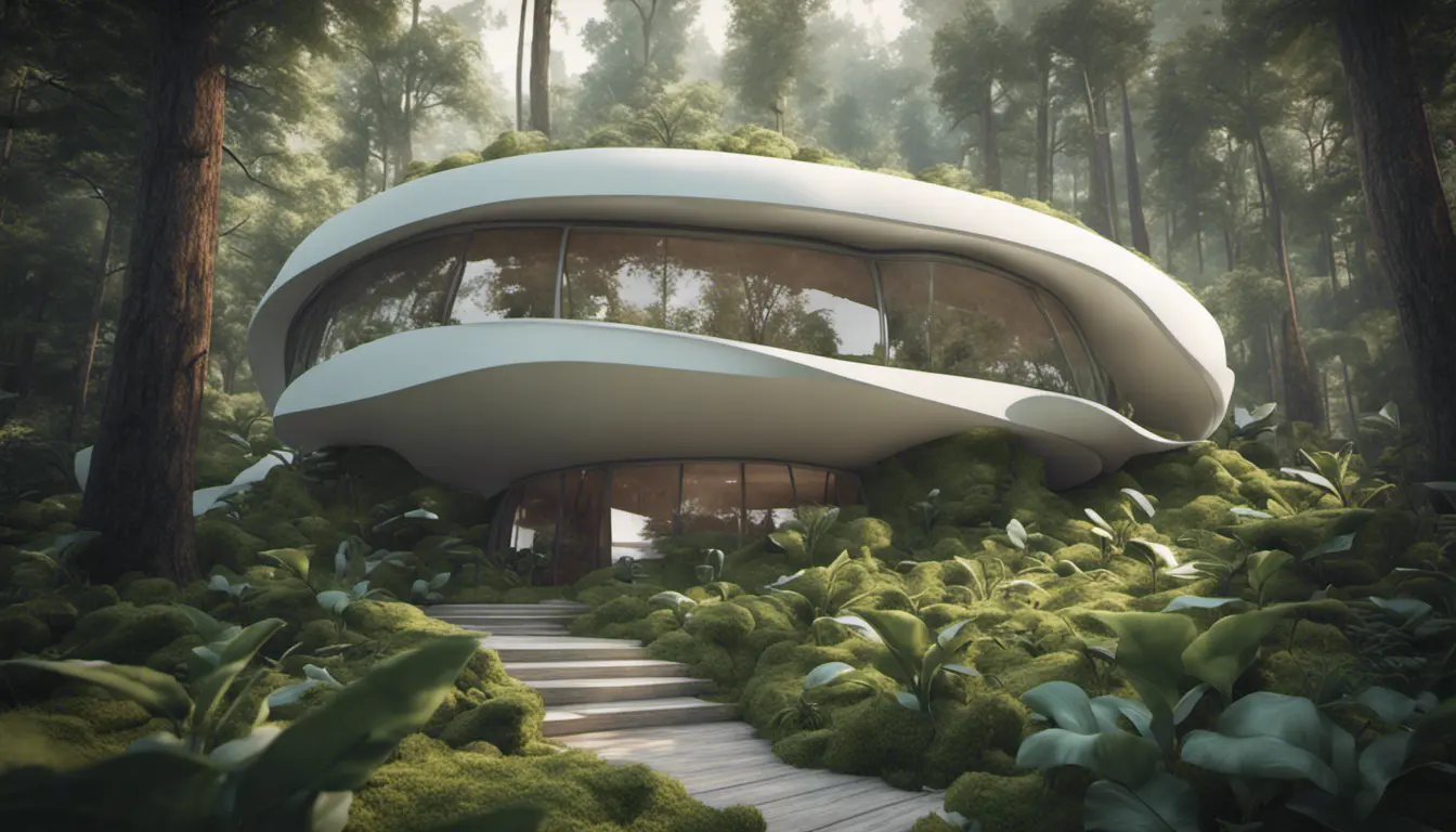 Beautiful futuristic organic house made from imaginary plants in a forest, 8k, Award-Winning, Highly Detailed, Beautiful, Epic, Octane Render, Unreal Engine, Radiant, Volumetric Lighting by Greg Rutkowski