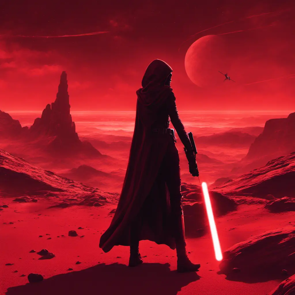 Portrait of a silhouette star wars female jedi with her red lightsaber, on an alien planet, in the style of evocative environmental portraits, dark, red, Sci-Fi, Volumetric Lighting