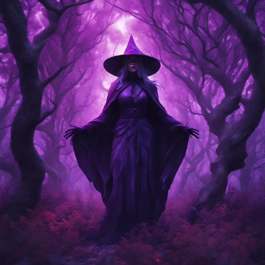 A mysterious witch cloaked in purple chaos energy, standing in a dark forest of salix trees, glowing with a powerful energy, 8k, High Definition, Highly Detailed, Trending on Artstation, Darkwave, Epic, Isometric, Cinematic Lighting, Smooth, 3D Rendering, Octane Render, Vibrant Colors, Ominous by Stanley Artgerm Lau, Zdzislaw Beksinski, H. R. (Hans Ruedi) Giger