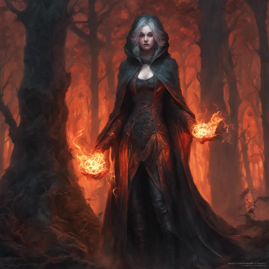 Fire mage in a haunted forest, Highly Detailed, Intricate, Gothic, Volumetric Lighting, Fantasy, Dark by Stanley Artgerm Lau