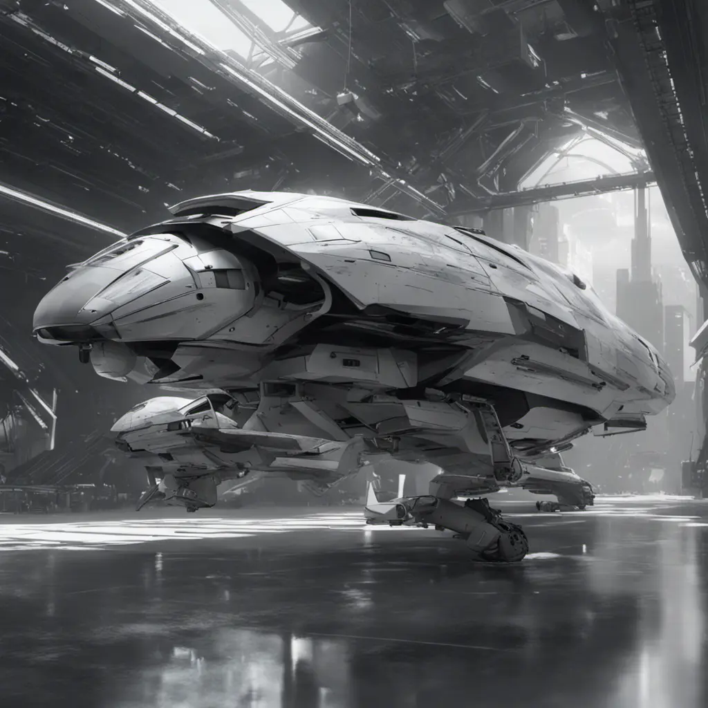 One with a spacecraft parked next to another, in the style of monochromatic compositions, dynamic action sequences, wlop, vray, silver and black, streamline elegance, hisui sugiura, Sci-Fi