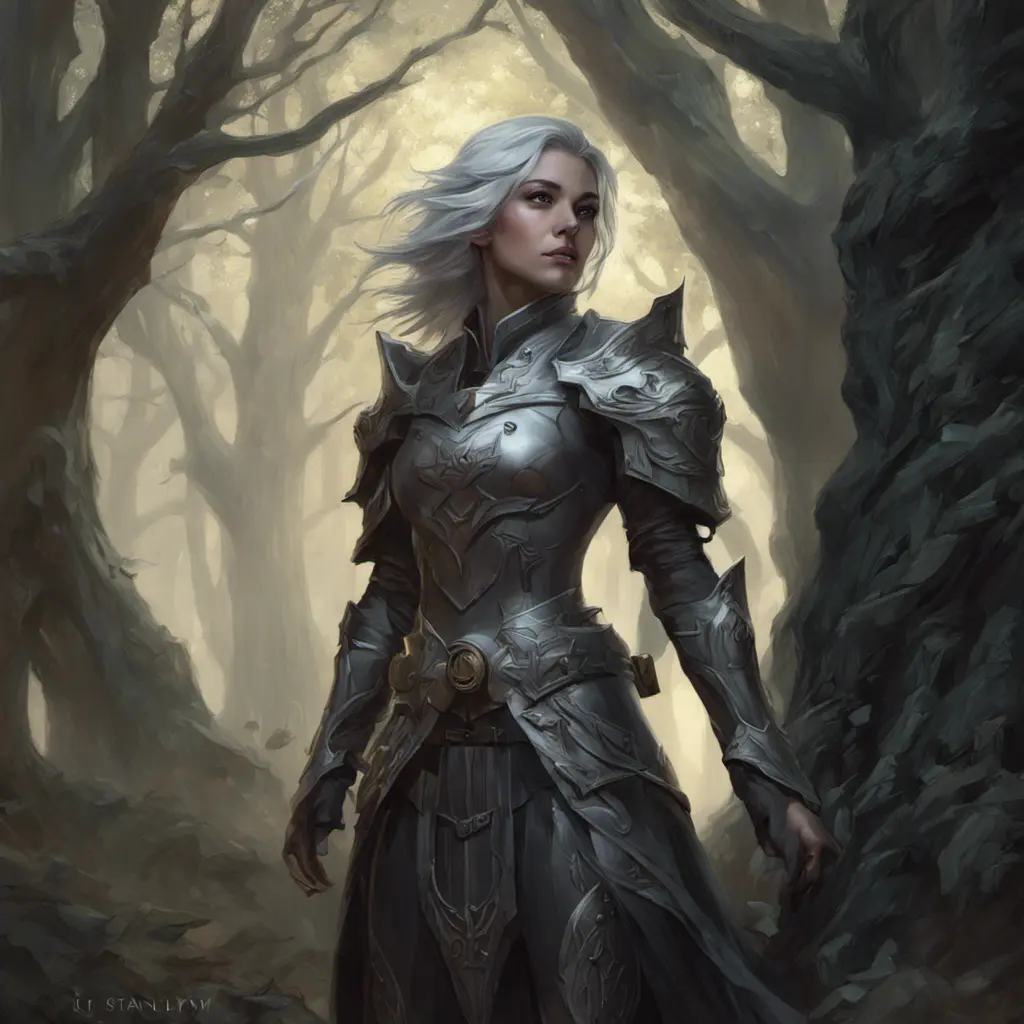 Ashen haired female paladin in a haunted forest, Highly Detailed, Intricate, Gothic, Volumetric Lighting, Fantasy, Dark by Stanley Artgerm Lau