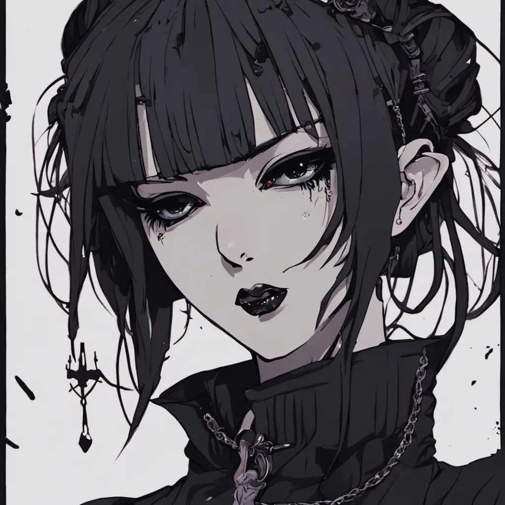 Goth woman in evil anime style, 8k, Dystopian, Dark