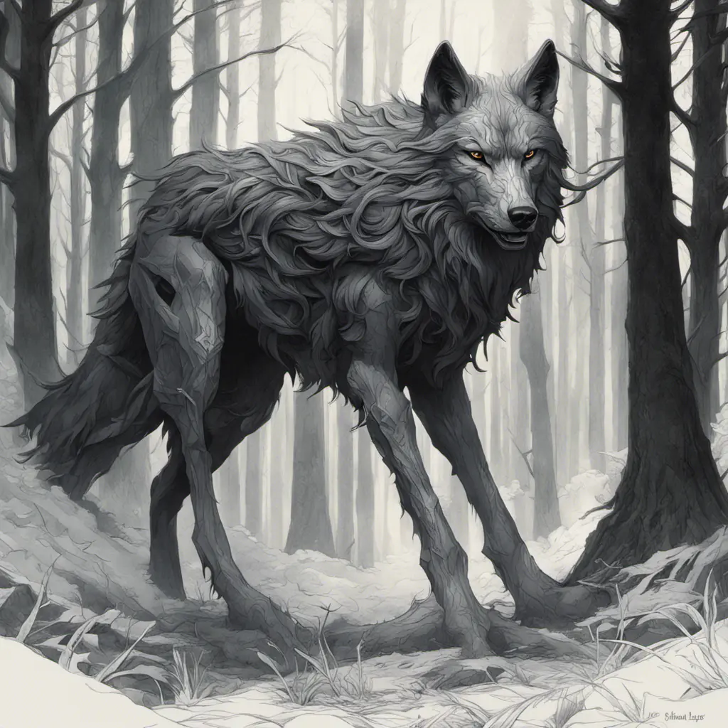 Wolf in the forest, Highly Detailed, Intricate, Gothic, Volumetric Lighting, Fantasy, Dark by Stanley Artgerm Lau