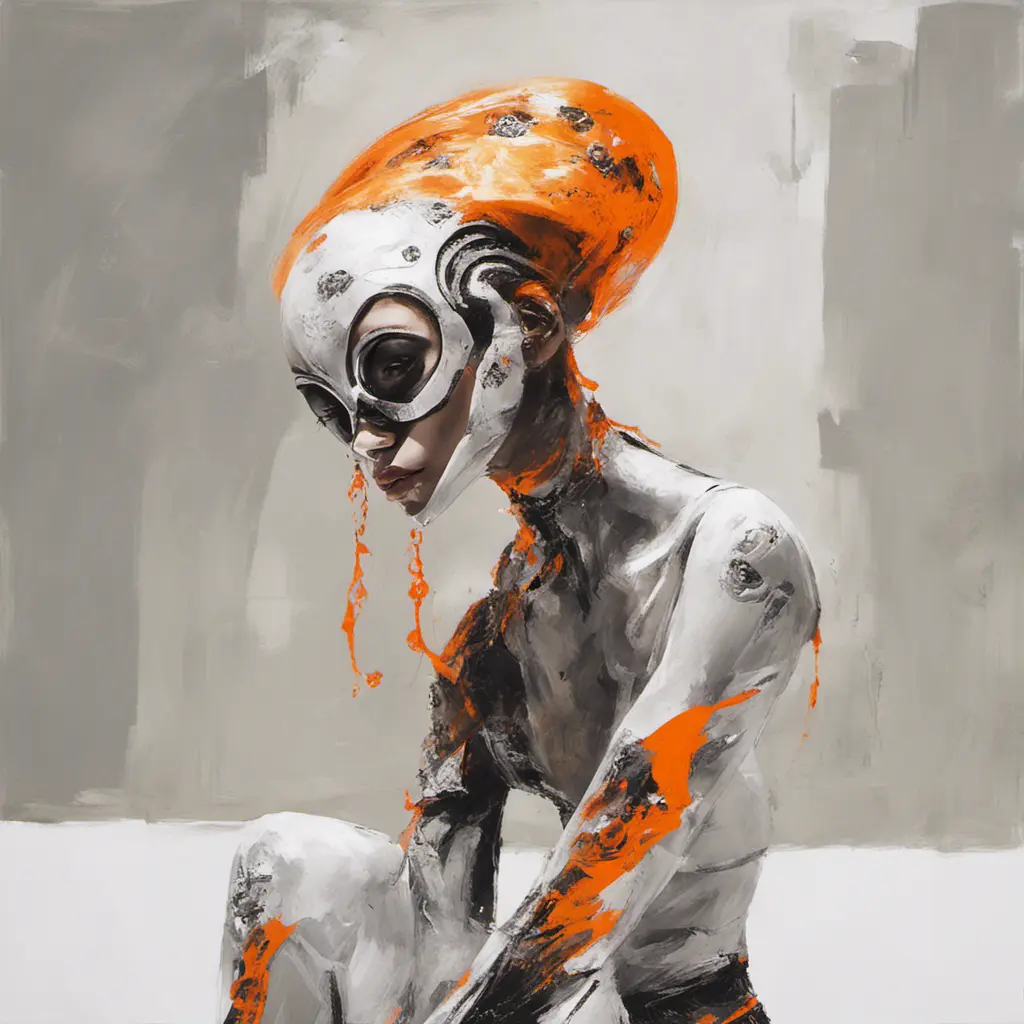 Ethereal minimalist Alien race cybergoth fashion photography painting, in the style of fluorecent orange  ,pearl_white  black  and silver , heavy use of palette knives, full body wide shot painting of teachment , Intricate, Sharp Focus, Concept Art